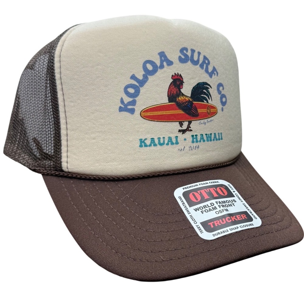Koloa Surf Co Kauai Hawaii Rooster Trucker Hat Brown Tan Otto Snapback Cap NEW
